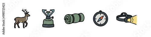 Outdoor Adventure Icons: Deer, Camping Stove, Sleeping Bag, Compass, Headlamp