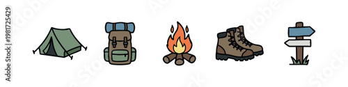 Camping and Hiking Icons Set: Tent, Backpack, Campfire, Boots, Signpost