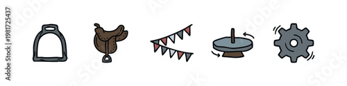 Equestrian and Rural Life Colored Icons Set - Stirrup, Saddle, Bunting, Grinding Wheel