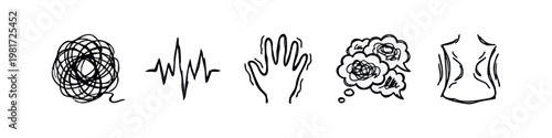 Hand-Drawn Abstract and Health Issues Icons Set - Tangled, Heartbeat, Shaky, Pain