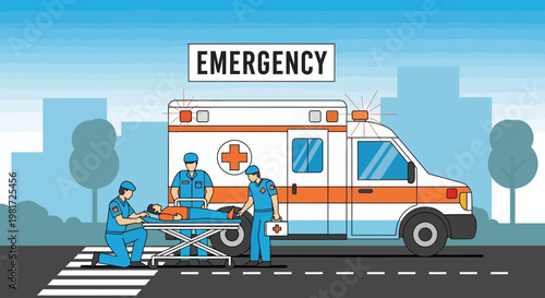 Emergency Medical Team Responds to Patient with Ambulance on City Street