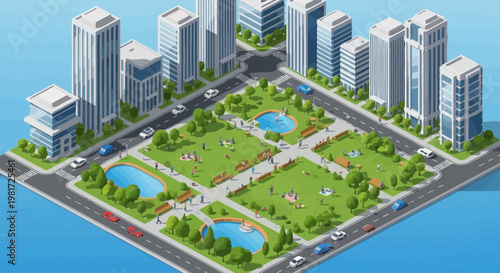 Isometric City Park with Skyscrapers, People, and Cars