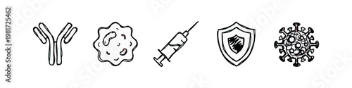 Hand-Drawn Medical and Immunology Icons Set - Antibody, Cell, Syringe, Shield, Virus Sketch