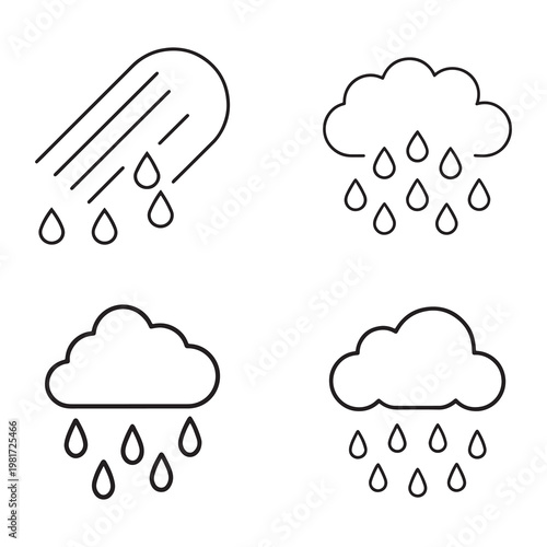 Weather icons rain clouds with raindrops line art style isolated on white background for graphic design