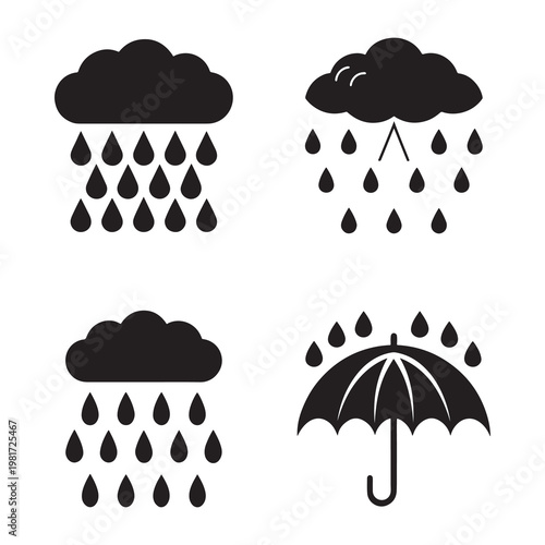Weather icons showing rain clouds with raindrops and an umbrella  rainclouds with falling droplets and protective umbrella symbol