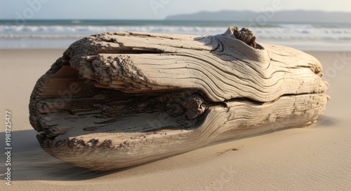 Weathered Driftwood on Sandy Beach with Ocean Horizon