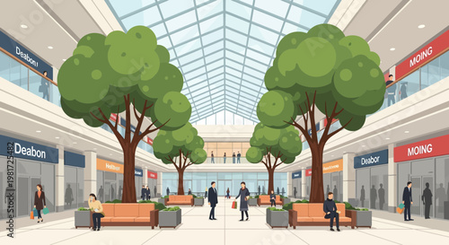 Modern shopping mall interior with trees, people, and stores under glass ceiling