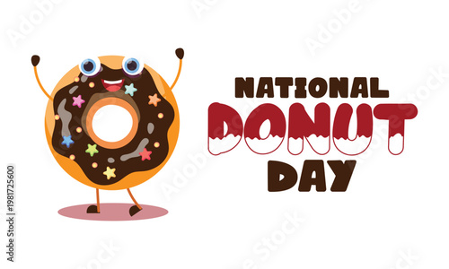 Celebrate National Donut Day with this cute chocolate-frosted donut character. Perfect for bakery promotions, sweet treat advertisements, and fun dessert-themed greeting card designs.