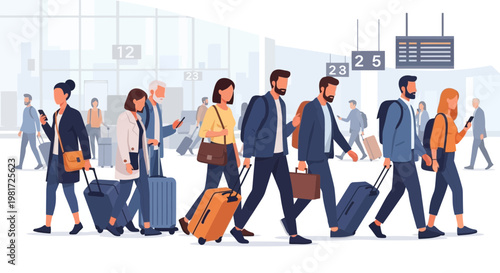 Diverse group of people walking with luggage in modern airport terminal, travel concept