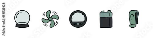 Utility and equipment icons including fan, battery, speedometer and glass snow globe