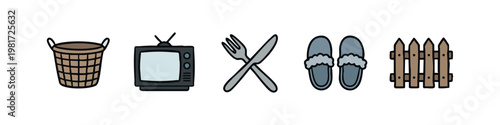 Domestic living icons set with retro television, kitchen cutlery, slippers and wooden fence