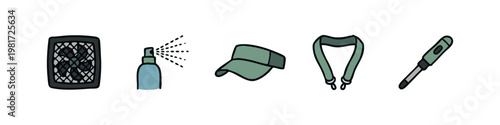Technical utility icons featuring exhaust fan, spray can, sun visor and digital thermometer