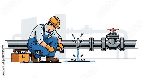 Plumber fixing leaking pipe with tools and water splashing