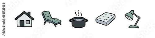 Domestic lifestyle icon collection with house, lounge chair, cooking pot and desk lamp