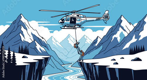 Helicopter rescue in snowy mountains, saving climbers from a deep gorge