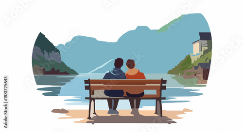 Wooden love seat by lake vector Hallstatt Austria scenic summer romantic travel illustration