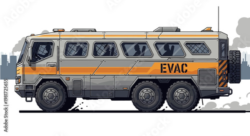 Pixel Art Evacuation Bus with Silhouetted Passengers, Driving Through Industrial Smog