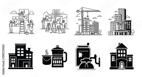 Construction workers collaborate on architectural designs and building projects