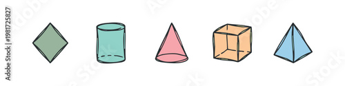 Hand Drawn Set of 3D Geometric Shapes Colorful Sketch Doodles