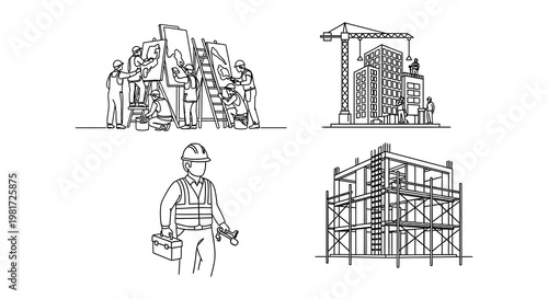 Construction workers collaborate on architectural designs and building projects