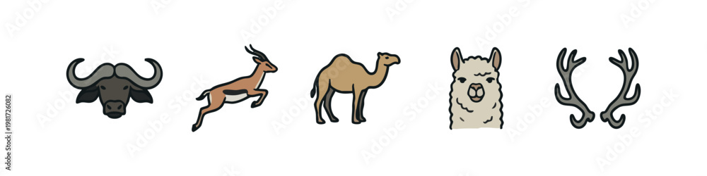 Obraz premium Set of Hand Drawn Safari Animal Icons Including Buffalo, Gazelle, Camel, Llama and Antlers