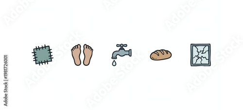 Struggle and Basic Needs Icons Set with Bare Feet Leaking Tap and Broken Window