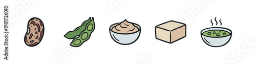 Hand Drawn Bean Products Icons Including Pinto Bean, Edamame, Hummus, Tofu and Pea Soup