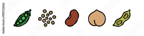 Colored Hand Drawn Legume Icons Set with Green Peas Red Beans and Chickpeas