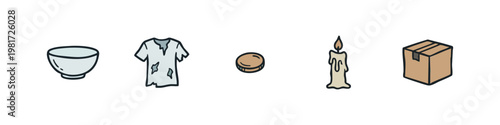 Poverty and Hardship Concept Icons Set with Empty Bowl Torn Shirt and Cardboard Box