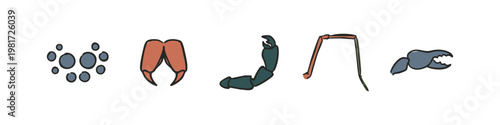 Set of Hand Drawn Arthropod Parts Including Spider Eyes, Mandibles, Insect Legs and Crab Claw