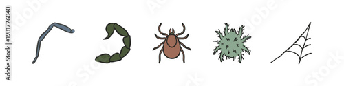 Collection of Hand Drawn Pest and Parasite Icons Featuring Scorpion Tail, Tick, Mite and Spider Web