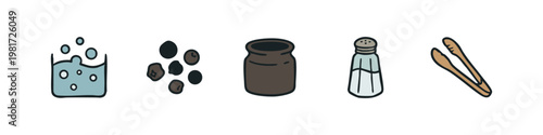 Set of Hand Drawn Kitchen Icons Including Boiling Water, Peppercorns, Salt Shaker and Tongs