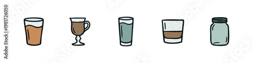 Set of Various Hand Drawn Drinking Glasses Including Pint, Irish Coffee, Tall Glass and Mason Jar