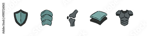 Set of Hand Drawn Protective Gear and Anatomy Icons Including Shield, Armor Plates and Joint Bone