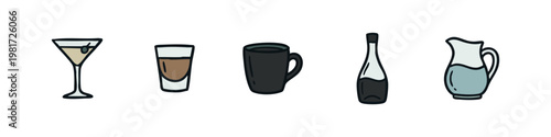 Hand Drawn Liquid Containers and Drink Icons Including Martini, Whiskey Shot, Coffee Mug and Pitcher
