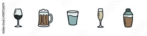 Collection of Hand Drawn Drink Icons Featuring Wine, Beer, Water, Champagne and Cocktail Shaker