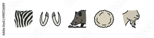 Illustration Set of Animal Features Including Zebra Print, Elephant Tusks, Wild Boar, Wool and Goat Head