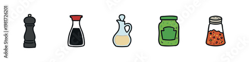 Kitchen Spices and Condiments Icons with Pepper Soy Sauce Oil and Relish