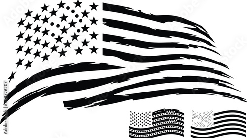 American flag depicted as a stylized black and white ink brush stroke design with two smaller variations below.