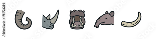 Large Mammal Anatomy and Wildlife Icons featuring Elephant Rhino Hippo and Tapir