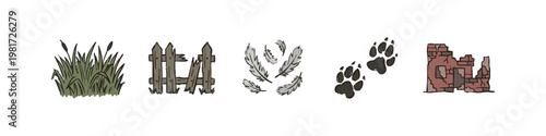 Outdoor Nature Elements including Reeds Broken Fence Feathers Paw Prints and Ruins