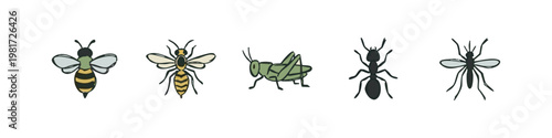 Common Insects and Pests Set, Hand-Drawn Nature Doodle Vector Illustration