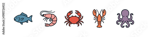 Common Seafood Icons, Hand-Drawn Ocean Animals Doodle Vector Illustration