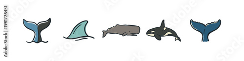 Marine animals and whale tails doodle icons.