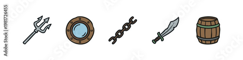 Pirate, sea, and mythical creature themed doodle icons.
