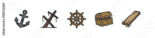 Pirate and nautical adventure themed doodle icons.