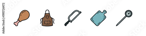 Cooking tools, butchery equipment, and food doodle icons.