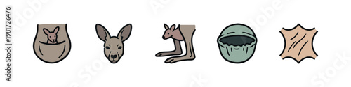 Australian kangaroos and marsupial related doodle icons.