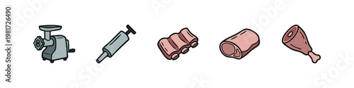 Meat processing equipment and cuts doodle icons.