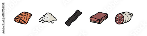 Meat, fish, and seasoning food doodle icons.